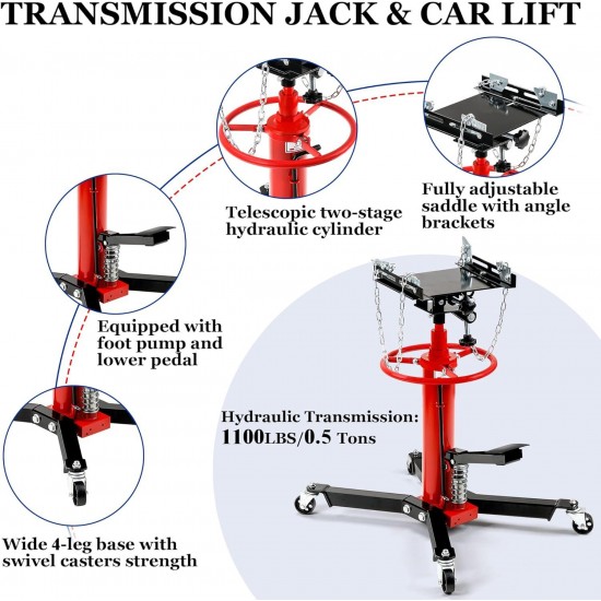 Transmission Jack high Lift 1/2 Ton (1,100 lb) Capacity Garage Shop Telescoping Hydraulic Jack, 2 Stage Adjustable Transmission Floor Jack, 360° Swivel Wheel Lift Hoist for Car Lift