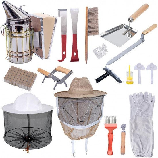 10 Frame Bee Hive Starter Kit, Beehives and Supplies, Beehive Dipped in 100% Beeswax with Frames, Bee Starter Kit Includes Hive Pro Feeder, 2Pcs Bee Keeper Hats, 17Pcs Beekeeping Tool Kit