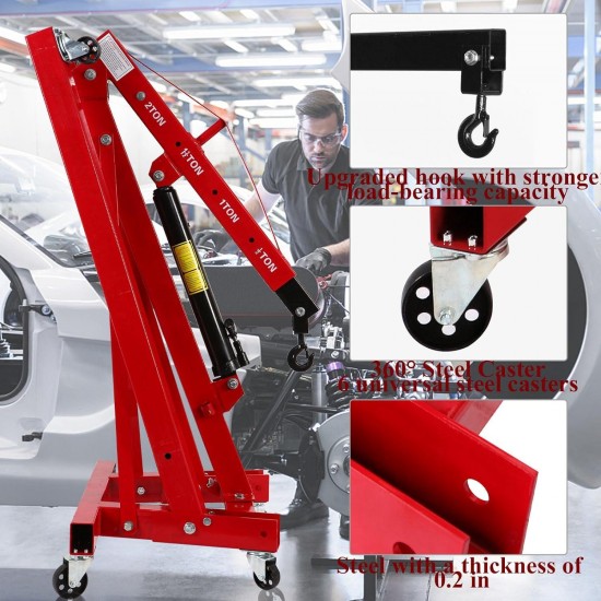 Engine Hoist Heavy Duty Steel Cherry Picker Engine Hoist 2 Ton 4409 lbs Folding Hydraulic Tilting Engine Lift with 6 Steel Caster Wheels Telescopic Boom Hitch