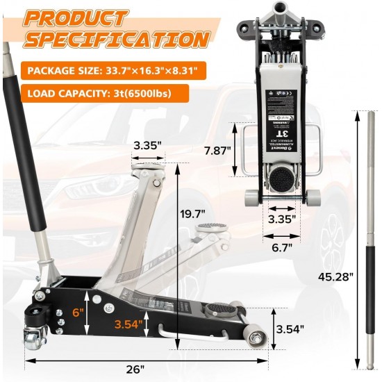 3 Ton Low Profile Racing Floor Jack - Aluminum and Steel Construction, Dual Pistons Quick Lift Pump, Lifting Range 3.54-19.69