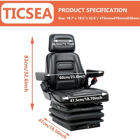 Universal Tractor Suspension Seat with Adjustable Angle Back,Armrest And Safety Belt,for Linde Forklift Tractor,Excavator Skid Loader Backhoe Dozer Telehandler