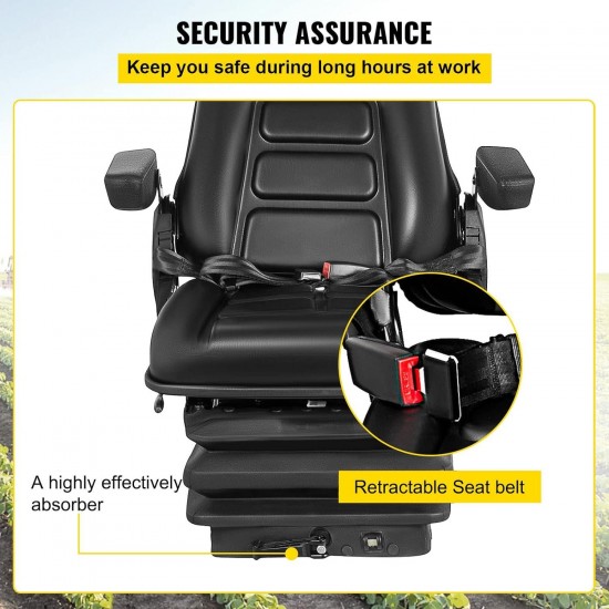 Suspension Seat Adjustable Backrest Headrest Armrest, Forklift Seat With Slide Rails, Foldable Heavy Duty for Tractor Forklift Excavator Skid Steer