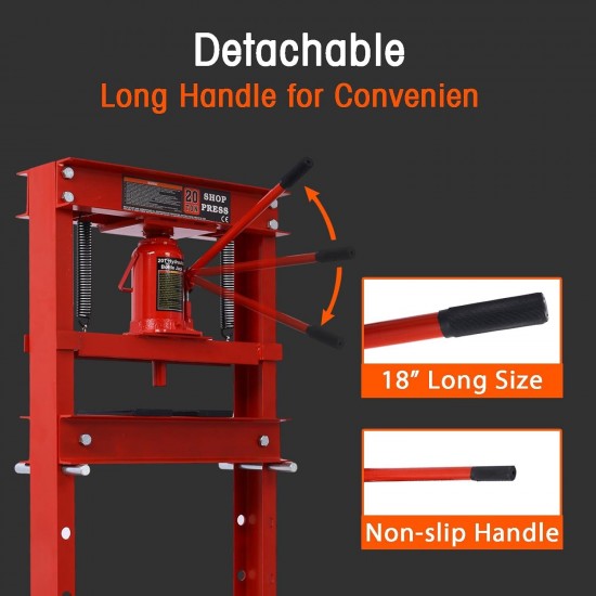 20 Ton Hydraulic Shop Floor Press, Steel H-Frame Shop Press with Press Plates Adjustable Working Table, Floor Stand Jack for Gears and Bearings red One Size
