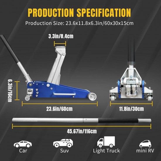 Floor Jack 3 Ton Hydraulic Low Profile Aluminum and Steel Racing Car Jack with Fast Liftiing Dual Pump for SUVs, 6,600 lb Capacity