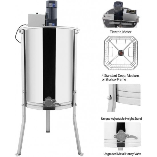 Upgraded Electric 4 Frame Honey Extractor, Stainless Steel Honeycomb Spinner Drum with Adjustable Height Stands, Beekeeping Pro Apiary Centrifuge Equipment