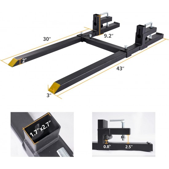 43 2000lbs Clamp on Pallet Forks Heavy Duty Tractor Forks with Adjustable Stabilizer Bar Tractor Bucket Forks for Tractor Attachments, Skid Steer, Loader Bucket