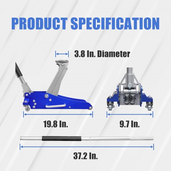 T815016L Torin Hydraulic Low Profile Aluminum and Steel Racing Floor Jack, 1.5 Ton (3,000 lb) Capacity, Blue &  Basics Steel Jack Auto Stands, 3 Ton Capacity, 1 Pair