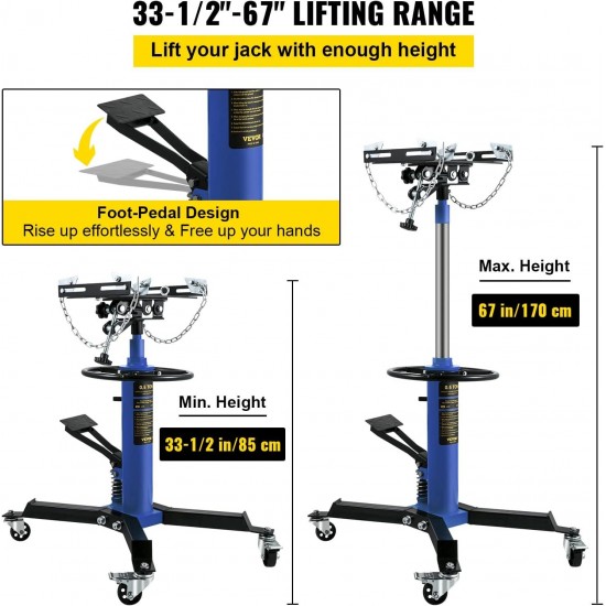 Transmission Jack, 1100 lbs Hydraulic Telescoping Transmission Jack, 33-67 High Lift, 2-Stage Floor Jack Stand 1/2 Ton Capacity with Foot Pedal, 360° Swivel Wheel, Garage/Shop Lift Hoist