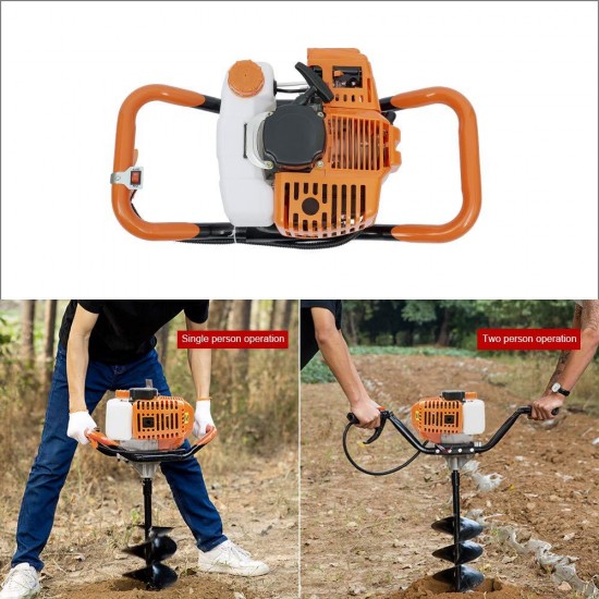 52CC 2 Stroke Earth Auger Post Fence Hole Digger, Gas Powered Earth Auger with 3pcs Ground Drill 4 6 8 Bit & 1 Extension Rod for Fences, Drilling & Planting