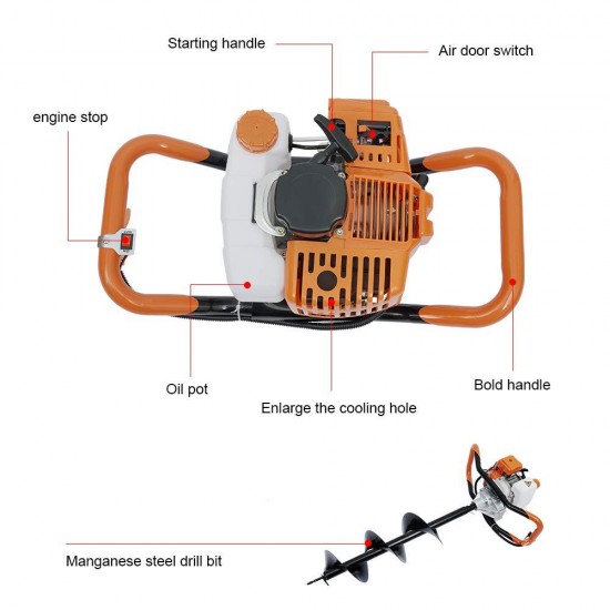 52CC 2 Stroke Earth Auger Post Fence Hole Digger, Gas Powered Earth Auger with 3pcs Ground Drill 4 6 8 Bit & 1 Extension Rod for Fences, Drilling & Planting