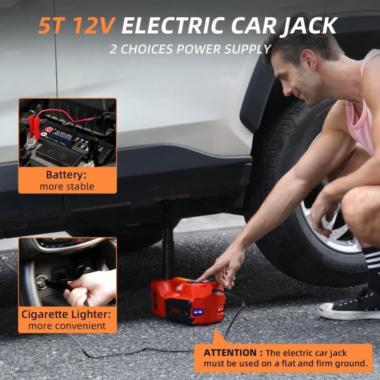 Electric Car Jack Kit 5 Ton 12V Car Jack Hydraulic with Impact Wrench and Tire Inflator Pump, Electric Car Floor Jack Red with LED Light
