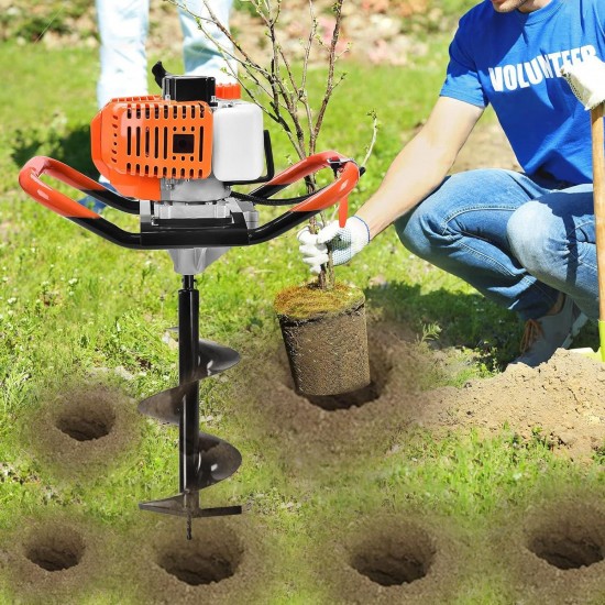 62CC Auger Post Hole Digger, 2 Stroke Gas Powered Earth Post Hole Digger with 3 Auger Drill Bits(5 & 6 & 8) + 3 Extension Rods for Farm Garden Plant