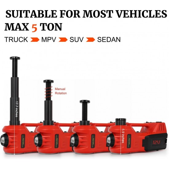 Hydraulic Car Jack Kit, 5 Ton Vehicle Car Lift with Integrated Air Pump & Impact Wrench 5 in 1 Electric Truck Trailer Floor Jack Stand Roadside Emergency First Aid Tire Repair Tool Kit