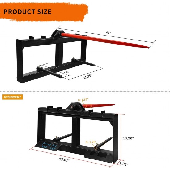 49 Tractor Hay Spear & Skid Steer Loader 3000lbs Quick Attach for Bobcat Tractors with 2pcs 17 Stabilizer Spears Spike Fork Tine Attachment