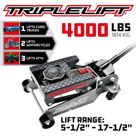 2 Ton Triple Lift Floor Jack, Lifts Cars, Trucks, Motorcycles, ATV's, Transmissions, Tie-Down Loops, Locking Safety Bar - 620422E, Silver