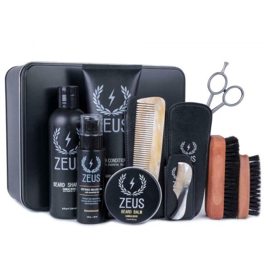 Organic Oil, Scissors, Balm, Mustache Comb, Oval Soft Brush and Boar Brush + Tin