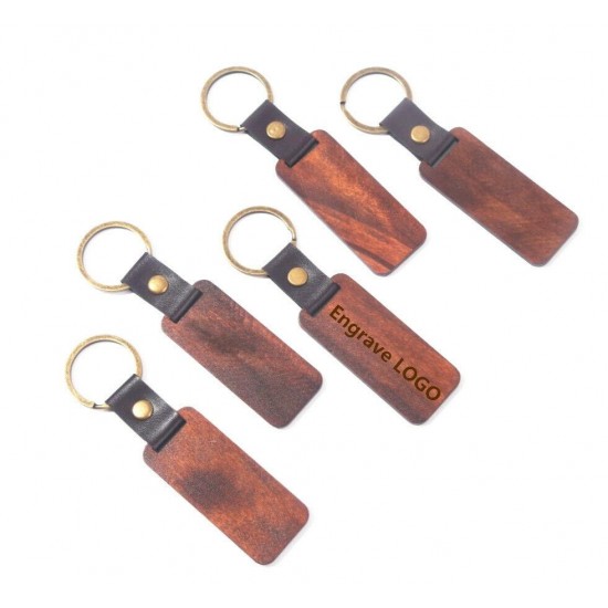 Customized LOGO Leather Keychain with Wood Pendant Luggage Decoration Key Ring