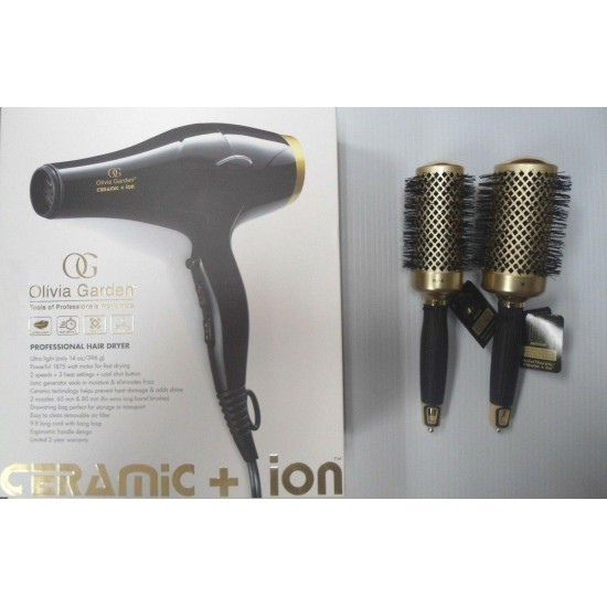 Olivia Garden Ceramic Ion Professional Hair Dryer + 2 Free Thermal Brushes Deal