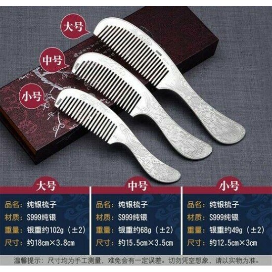 Chinese Retro S999 99.9% Silver Comb Hair Brush Handmade Engrave Artware