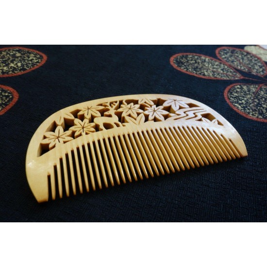 Japanese hair comb Tsuge Boxwood Deer and Maples design handmade JAPAN F/S