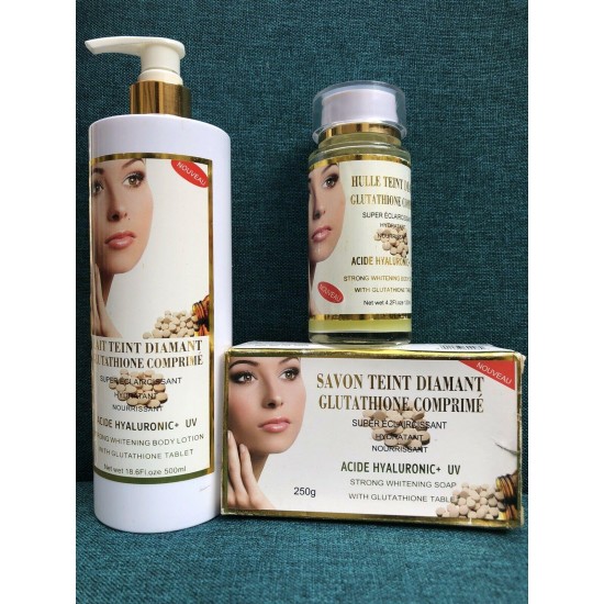 Lait Teint Diamant Glutathione Comprime, Whitening Lotion + Serum + Soap