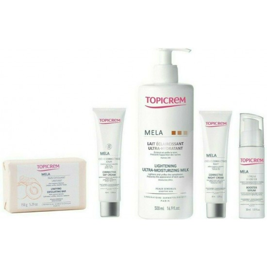 Topicrem MELA PACK Lightening Milk, Day and Night Cream, Booster Serum, and Bar