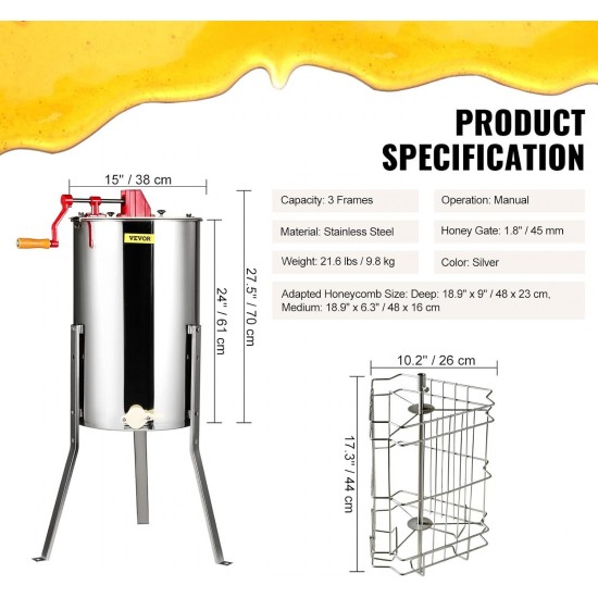 3 Frame Honey Extractor, Stainless Steel Manual Beekeeping Extraction, Honeycomb Drum Spinner with Transparent Lid, Apiary Centrifuge Equipment with Height Adjustable Stand