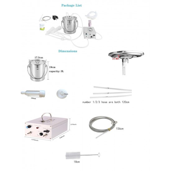 3L Goat Milking Machine, Auto Stop Goat Milker Speed Adjustable Pulsating Pump, Goat Milking Machine Portable with Stainless Bucket & Clean Brush