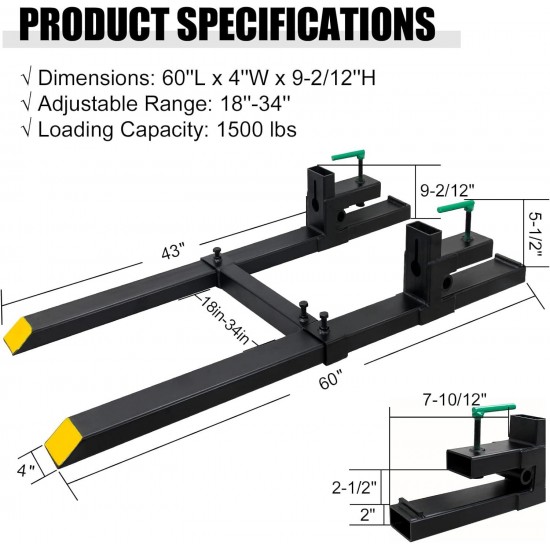 Clamp on Pallet Forks with Adjustable Stabilizer Bar 60 1500lbs Max, Heavy Duty Pallet Forks Clamp On for Tractor Bucket