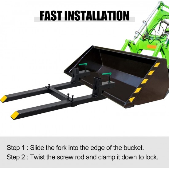 Clamp on Pallet Forks with Adjustable Stabilizer Bar 60 1500lbs Max, Heavy Duty Pallet Forks Clamp On for Tractor Bucket