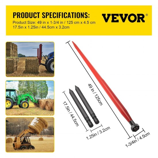 Hay Spear 49 Bale Spear 3000 lbs Capacity, Bale Spike Quick Attach Square Hay Bale Spears 1 3/4 Wide, Red Coated Bale Forks, Bale Hay Spike with 2 Stabilizer Spears Conus 2