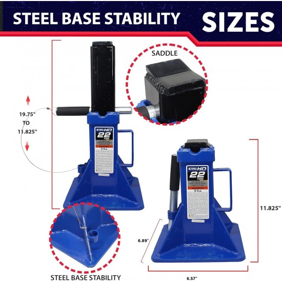 HD61222 22 Ton Automotive Jack Stands for Garages, Repair Shops, and DIY, Pin Style, V Shaped Saddle, Heavy Duty Steel Frame, Adjustable Height 11.825- 19.725, Black/Blue, Pair