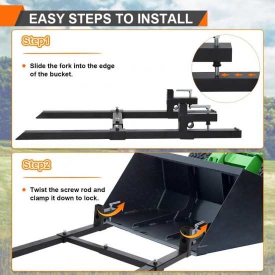 Clamp-On Pallet Forks 60 Total Length 1500 LB Capacity Heavy Duty Front Loader Forks with Adjustable Stabilizer Bar for Loader Bucket Skid Steer Tractor