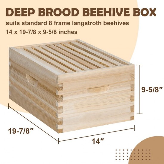 8 Frame Bee Hive, Compelte Bee Hive Starter Kit Includes 1 Deep Brood Honey Bee Hives Box, 1 Medium Super Bee Box with Beehive Frames and Foundation Sheets