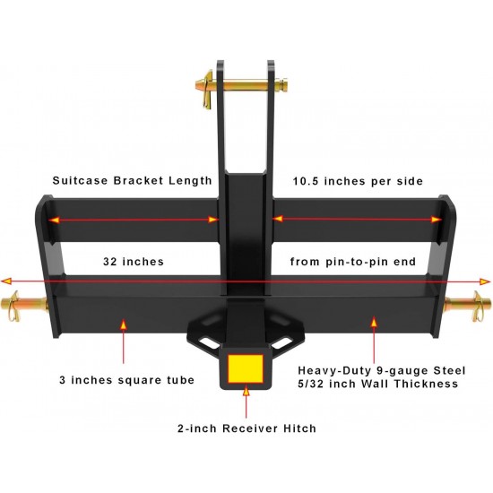 Tractor Drawbar with Suitcase Weight Brackets Cat 1-3Pt Hitch Drawbar Receiver for Compact Tractor Weights -3 Point Quick Hitch Cat 1 Compatible-Black