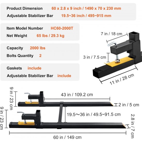 60 2000lbs Heavy Duty Pallet Forks with Adjustable Stabilizer Bar for Loader Bucket Skid Steer Tractor, Black