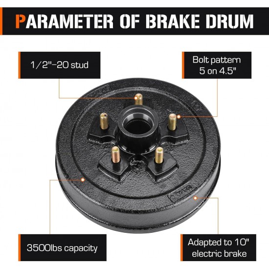 5 on 4.5 Bolt Circle Drum Kits w/ 10 x 2-1/4 Left and Right Self-Adjusting Electric Brake for 3,500lbs Trailer Axle