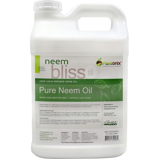 Neem Bliss - Pure Neem Oil for Plants - Organic Neem Oil Spray for Plants, 100% Cold Pressed Neem Oil - OMRI Listed Pure Neem Oil - All-Natural Neem Oil Concentrate Leaf Polish (2.5 Gallons)