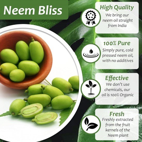 Neem Bliss - Pure Neem Oil for Plants - Organic Neem Oil Spray for Plants, 100% Cold Pressed Neem Oil - OMRI Listed Pure Neem Oil - All-Natural Neem Oil Concentrate Leaf Polish (2.5 Gallons)