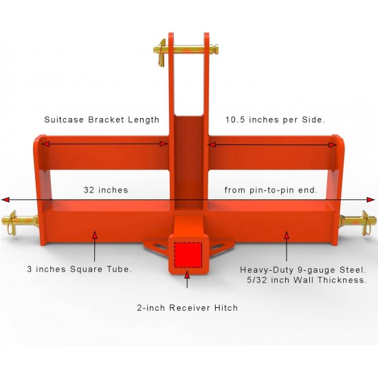 Tractor Drawbar with Suitcase Weight Brackets Cat 1-3Pt Hitch Drawbar Receiver for Compact Tractor Weights -3 Point Quick Hitch Cat 1 Compatible -Orange