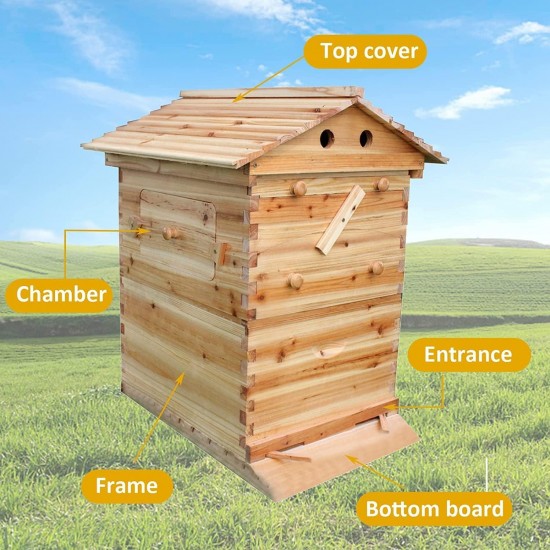 Beehive Auto Flows Bee Hives Boxes kit Food Grade Beekeeping Wooden House with 7PCS Honey Flows Frame for Beekeeper