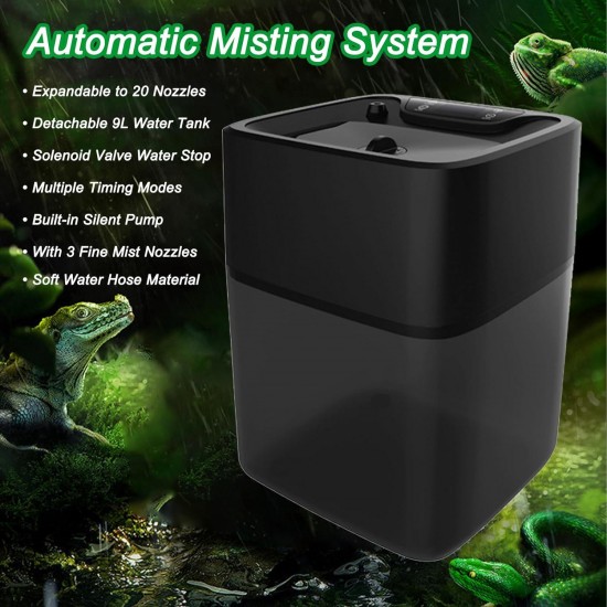 Automatic Misting System with 9L Tank, Reptile Mister Fogger Humidifier with Timer, Automatic Mister Host Built-in Quiet Pump Expandable to 20 Fine Mist Nozzles, Solenoid Valve to Prevent Dripping