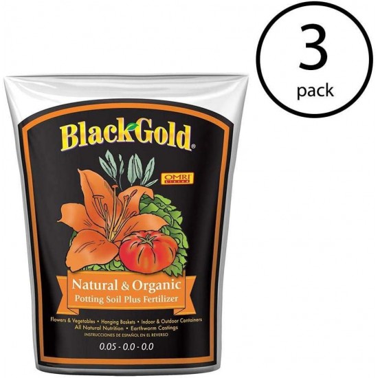 SunGro SUGRBG2 Black Gold Natural & Organic Potting Soil Bag Plus Fertilizer, 2 Cubic Feet (3 Pack)