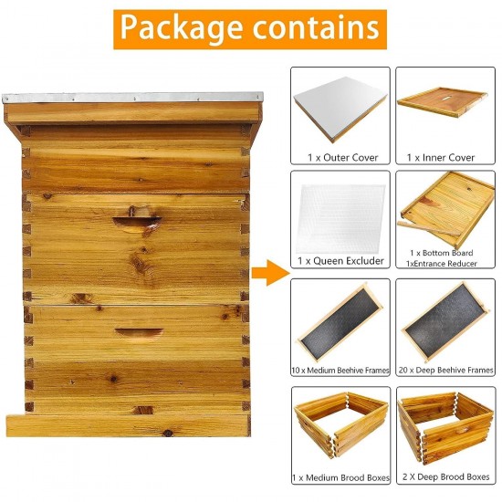 10-Frame Langstroth Beehive Dipped in 100% Beeswax Waxed Beehives for Beginners with Bee Hive Frame and Waxed Foundation(3-Layer)