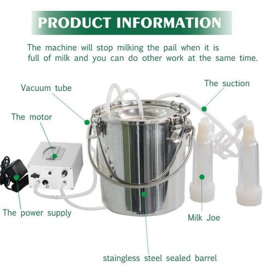 3L Goat Electric Milking Machine, Automatic Rechargeable Battery Powered Pulsation Vacuum Pump with 2 Teat Cups Stainless Steel Bucket for Goat(Battery Model)