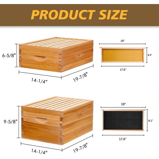 8-Frame Langstroth Beehive Dipped in 100% Beeswax, Complete Bee Hives and Supplies Starter Kit Includes 2 Deep Hive Bee Box and 2 Bee Hive Super with Beehive Frames and Foundation