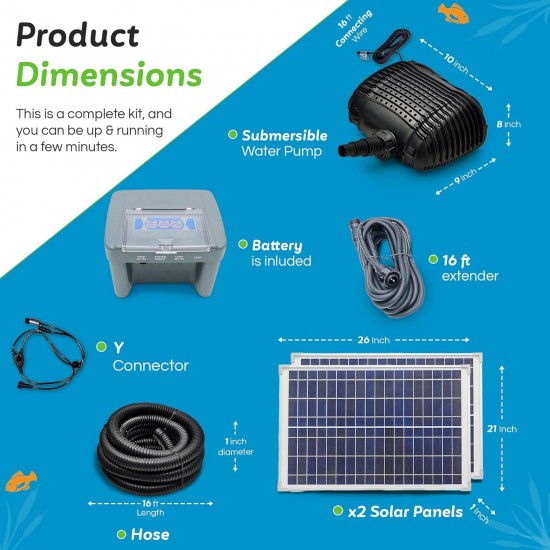 MNP Powerful Submersible Solar Powered Pond Pump Kit with Panels and Hose. Battery Included. Advanced design. (2 Panel: 898 GPH - 10 Max. Head Feet - 50 Watts)