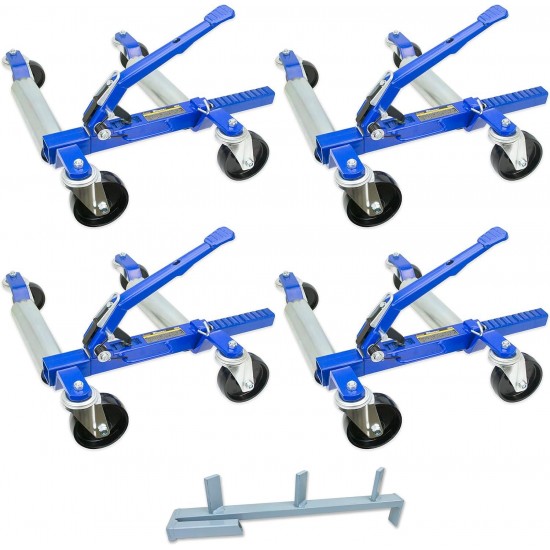 1500 LB 12.5'' Wheel Car Positioning Dolly with Ratcheting Foot Pedal (4 Pack with Stand), Blue