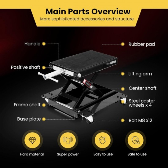 1100 Lbs Steel Wide Deck Motorcycle Lift ATV Scissor Lift Jack with Dolly and Hand Crank Bikes Garage Repair Hoist Stand Black