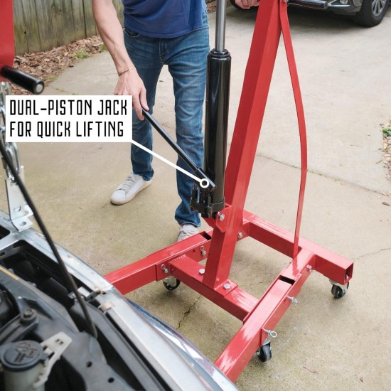 Dual-Piston Jack Automotive Engine Hoist w/Handles & Hook Chain: Heavy Duty Construction Engine Lift, Folding Shop Crane Cherry Picker, Hydraulic Cherry Picker Engine Hoist Lift